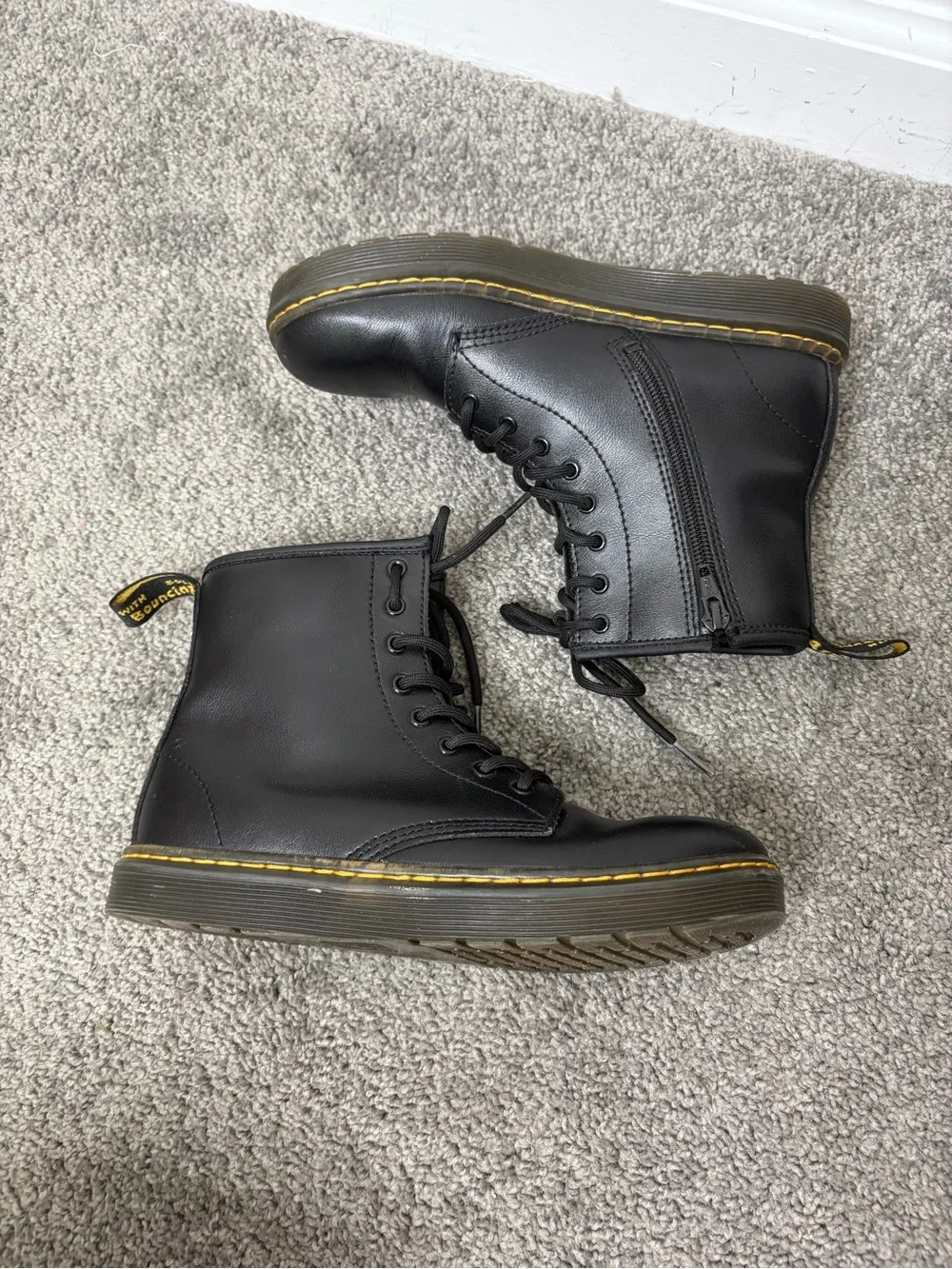 Black airwair dr. Martens Lace-Up Combat Boots with Yellow Stitching size 4